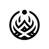 Abstract Black and White Geometric Emblem Symmetrical Composition Featuring Curved Lines, Angles, a Central Diamond, and a Top Dot Within a Circular Frame. vector