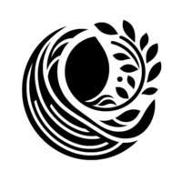Abstract black and white circular featuring flowing lines, a central circle element, and a stylized leaf arrangement suggesting balance and harmony. vector