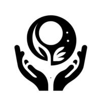 Symbolic Representation A pair of hands cradle a stylized, organic sphere, with leaves and a central void suggesting life, balance, and protection in monochromatic design. vector