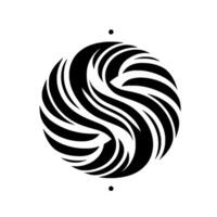 Abstract black and white artwork featuring a spherical shape composed of curved, textured lines, with dots above and below, creating a dynamic, minimalist composition. vector