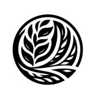 Elegant black and white botanical emblem with stylized leaves and stems arranged within a circle, showcasing natures intricate artistry. vector