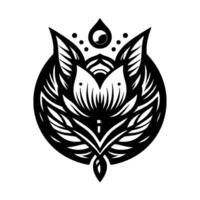 Symmetric Black and White Floral Emblem, Featuring a stylized lotus with overlapping petals, a teardrop, and a central accent on a white background. vector