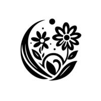 Elegant Floral Monochromatic Design Two Stylized Flowers, Leaves, and Swirls Enclosed in a Curved Frame, with Dot Accents, on a White Background. vector
