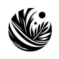 An abstract, monochrome composition within a circle, featuring stylized foliage and celestial orbs, evoking a sense of natural elegance and minimalism. vector