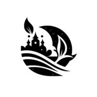 A stylized black and white emblem depicting a silhouetted castle against a crescent moon, accompanied by leaves and flowing shapes, set within a circular frame. vector