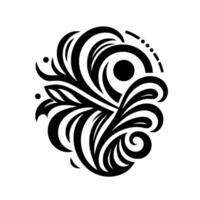 Monochrome stylized botanical illustration with flowing lines, curves, and layered textures, creating an elegant, symmetrical floral on a white background. vector
