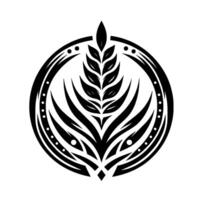 Intricate black and white circular tribal featuring a stylized wheat stalk, surrounded by a dotted and curved border. vector