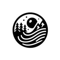 A Minimalist, Circular Emblem Featuring a Stylized Mountain Landscape, Trees, and Celestial Elements in a Black and White, Flat Design. vector
