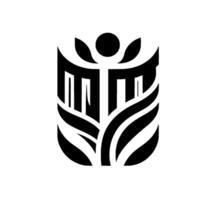 Abstract Black and White Emblem Depicting a stylized humanlike form within an organic shape. The emblem, featuring flowing lines and geometric forms, evokes a sense of balance and growth. vector