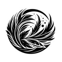 Intricate Black Feather Encased in a Circle, Evoking Nature and Fluidity with Detailed Lines and Subtle Dot Accents, on a White Background vector