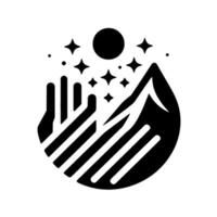 Abstract black and white geometric emblem of a hand embracing a mountain range under the stars and moon. vector
