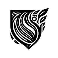 Elegant Black and White ShieldShaped Featuring Swirling Lines and Leafy Embellishments, Evoking a Sense of Nature and Harmony. vector