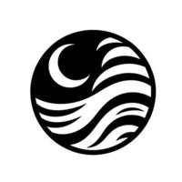 Stylized Black and White Circular Design Crescent Moon Above Flowing Waves Evokes Peaceful Night Scene. vector
