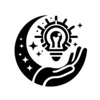 Symbolic illustration a hand cradles a radiant lightbulb within a crescent moon, surrounded by stars. vector
