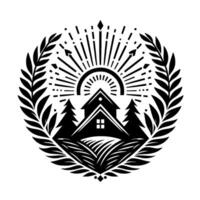 Black and White Circular Logo A Cabin with Sunburst, Trees, and Laurel Wreath, Symbolizing Nature and Home. vector