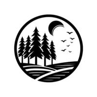 A minimalist, stylized illustration of a serene landscape encapsulated within a circular frame, featuring silhouetted pine trees, a crescent moon, flying birds, and rolling hills. vector