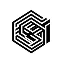 An optical illusion showcasing a geometric hexagon, crafted from bold black lines forming a threedimensional labyrinthlike structure against a crisp white backdrop, creating depth and complexity. vector