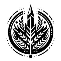 A stylized, symmetrical emblem featuring a central spike, wheatlike elements, and a circular border, rendered in bold black on a white background. vector