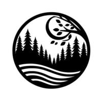Black and White Circular Silhouette Pine Forest, River, and Branch with Leaves, Minimalist Nature Art. vector