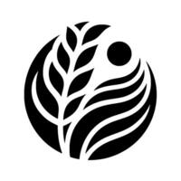 Minimalist Black and White Circular Design Leafy Branch, Wavy Forms and a Dot, Symbolic of Growth and Harmony on a White Background. vector