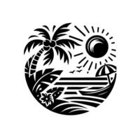 Black and White Tropical Scene Palm tree with coconuts, beach umbrella, sun, and ocean in a circular illustration for a vacation, travel or summer related theme. vector