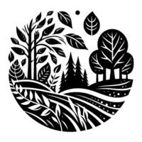 Monochromatic Illustration A circular composition of stylized trees, foliage, and rolling hills, creating a balanced and artistic nature scene. vector