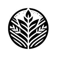 A symmetrical black and white botanical design, featuring stylized leaves and wheat inside a circular frame, with dots. vector