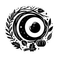 A celestial eye encircled by autumnal elements a crescent moon, stars, leaves, and a pumpkin, rendered in a minimalist, blackandwhite style. vector