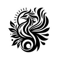 Stylized Black and White Phoenix with Flowing Feathers, Leaves, and Circular Elements, on a White Background. vector