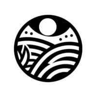 A minimalist black and white depicting a stylized landscape within a circle, with mountains, sun, stylized leaves, and flowing curves. vector