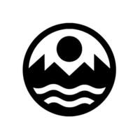 Minimalist Black and White Circular Icon Mountain Range, Sun, and Water Elements Symbolizing Natures Harmony. vector
