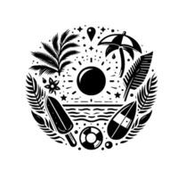 Circular black and white illustration depicting a summer scene, with beach elements sun, surfboards, waves, palm leaves, umbrella, and a flower, creating a serene, minimalistic vibe. vector