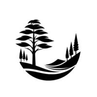 Stylized Black and White Nature Scene A Large Tree, Evergreen Trees, and Rolling Hills Enclosed in a SemiCircular Shape. vector
