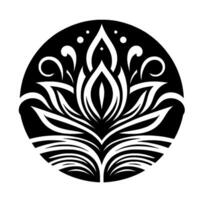 Abstract Black and White Floral Mandala within a Circle, Inspired by Lotus, with Decorative Swirls, Minimalist Design. vector