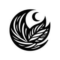 A stylized, monochromatic emblem featuring a crescent moon above stylized leaves within a circular design, presenting a blend of nature and celestial motifs. vector