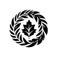 Circular black and white botanical illustration featuring a central stylized leaf surrounded by a wreath of stylized leaves, on a white background. vector