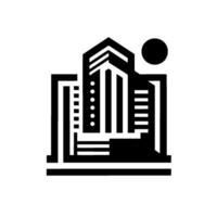 A minimalist, geometric illustration depicting a cityscape, featuring stylized skyscrapers, windows, and a sun, rendered in stark black and white. vector