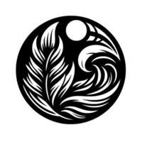 A stylized, circular design, embodying balance and harmony, features intricate, abstract representations of feathers, waves, and a sphere, all rendered in contrasting black and white. vector