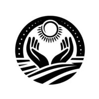 Symbolic black and white emblem Open hands reaching for a radiant sun within a circular frame, over stylized land. Represents protection and nurturing. vector