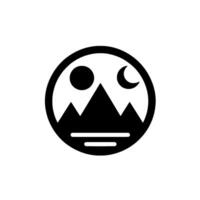 A minimalist black and white emblem showcasing a mountain range under a sun and crescent moon, encompassed within a circular frame. vector