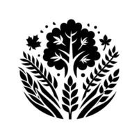 Minimalist Black and White Circular Composition A Tree with Foliage, Leaves, and Grains, Representing Nature and Growth. vector