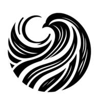A stylized black and white circular featuring a wave or birdlike form composed of swirling lines and abstract shapes. vector