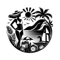 Silhouette of a woman in a bikini and hat enjoying a sunny beach day, encircled by palm trees, a sailboat, and ocean views, evoking summer bliss. vector
