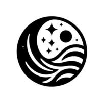 A minimalist black and white YinYang inspired symbol featuring stylized moon, stars, waves, and a sunlike circle in a circular composition, evoking balance. vector
