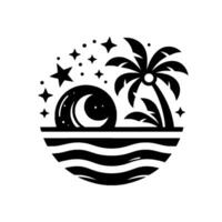 A stylized monochromatic illustration of a tropical night scene, featuring a crescent moon, stars, palm tree, and layered ocean waves in a circular arrangement. vector
