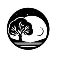 A stylized black and white logo, featuring a silhouetted tree and crescent moon within a circle, set against a starry night. vector