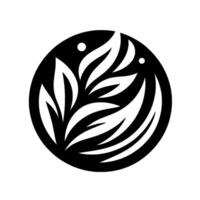 A minimalist, graphic, stylized botanical illustration featuring white leaves within a black circular frame with two small dots, creating a modern and natural design. vector