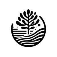 Minimalist Black and White Logo Tree with Leafy Branches, Waves and Land in a Circular Frame, Symbolizing Natures Harmony. vector