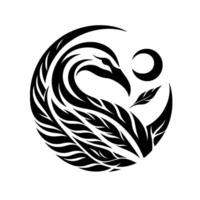 Artistic monochrome illustration of a stylized swan formed within a circular composition, incorporating a crescent moon and feather elements against a pure white backdrop. vector
