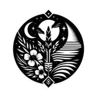 A monochrome circular emblem depicting natures harmony floral, celestial, and avian elements composed within a stylized black and white design. vector